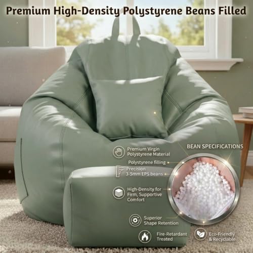 Image of KAM'S LIEU 5XL Luxury Faux Leather Bean Bag with Footrest & Cushion | Pre-Filled High-Density Polystyrene Beans | Premium Leatherette | 6 Months Warranty Color- (Sage Green, with Footrest)