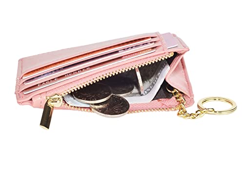 Image of woogwin Slim RFID Credit Card Holder for Women Mini Front Pocket Wallet Purse With Keychain, Oil Pink, small, Compact