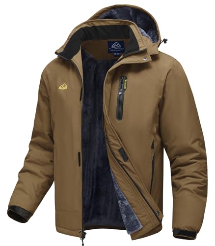 TBMPOY Men's Winter Ski Jacket Waterproof Warm Snow Insulated Coat Fleece Lined Snowboard Hooded Raincoat(Coffee,L)