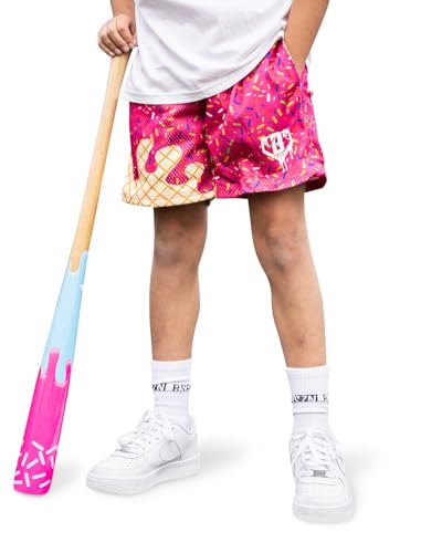 Baseball Lifestyle 101 Ice Cream Youth Mesh Shorts – Strawberry, 5 in Inseam, Side Pockets,...