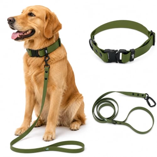 Image of Adil'S Waterproof Leash and Collar Combo Set - Adjustable & Breathable Biothane Collar with Leash Suitable for Medium & Large Size Dogs (Lease 5Ft),Army Green, M
