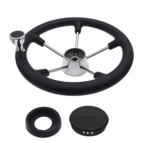 Windzerdong 5 Spoke Destroyer Marine Stainless Steel Steering 355mm Wheel with Black Foam Grip and Knob Boat Accessories 13-1/2 Inch(With knob)