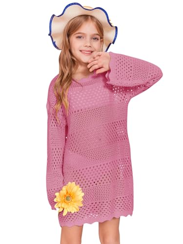 Image of Batermoon Girls Crochet Long Sleeve Swimsuit Cover Up Kids Fashion Hollow Out Swimwear Beach Dress 5-14 Years