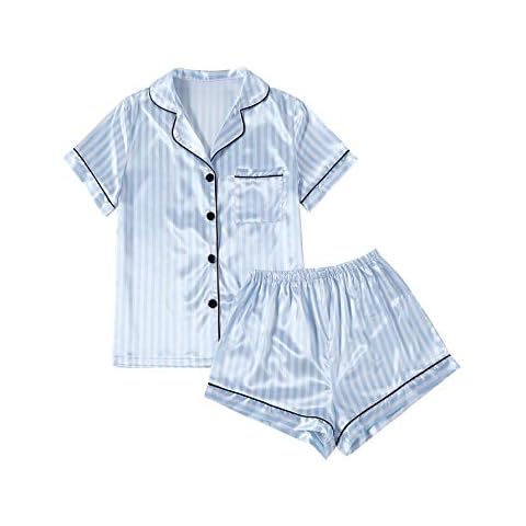 LYANER Women's Striped Silky Satin Pajamas Short Sleeve Top with Shorts Sleepwear PJ Set Light Blue Small Cover