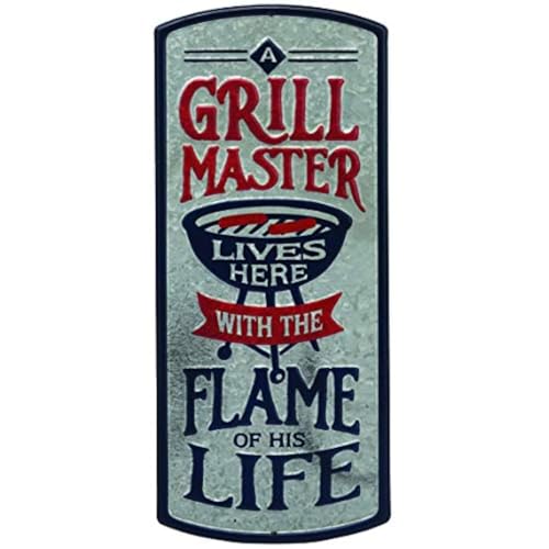 Grill Master and Flame of His Life Embossed Metal Sign - Funny Distressed Grilling Sign for Home Decorating - Great Gift Idea