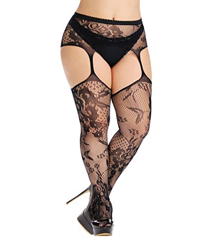 CURRMIEGO Womens Fishnet Suspender Tights plus size patterned pantyhose Stockings 2-Pairs (Black P1203, Plus Size)