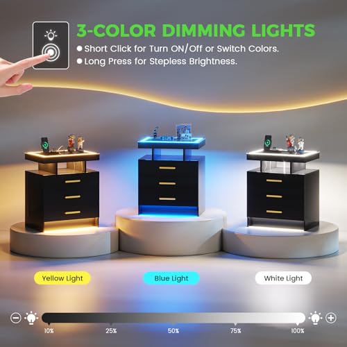 Image of HNEBC LED Nightstand with Charging Station,Smart Bedside Table with Motion Sensor Lights,3 Drawers,Tempered Glass Top,High Gloss End Table with 3 Color Lights for Bedroom, Living Room,Office-Black