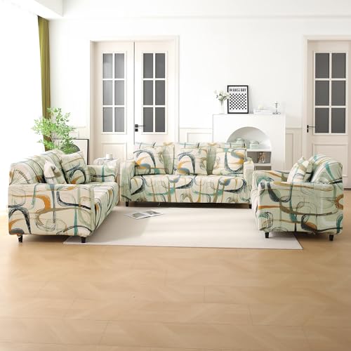 Image of HOKIPO 'Elira Series' Stretchable Cushion Cover for Sofa 22x22 Inch, Packof 2, Parchement Beige Abstract Art (AR-6712-C6*2)