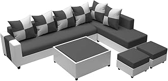 Syria 8 Seater Fabric RHS L Shape Sofa Set with 1 Centre Table & 2 Puffy (Dark Grey-Light Grey)