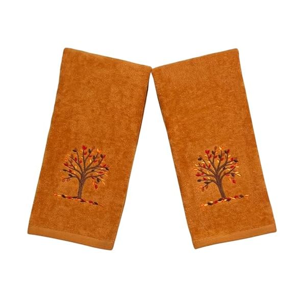Serafina home fall bath hand towels bathroom decor farmhouse terracotta rust cotton towels with autumn tree falling leaves 2 piece set  urban country home decor