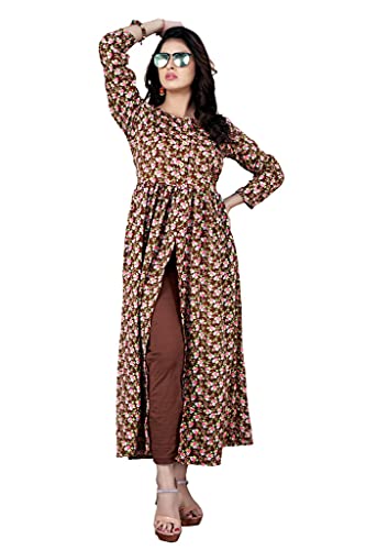 Image of H.E HAMZA ENTERPRISER Printed Crepe Material Brown Western Dress For Women
