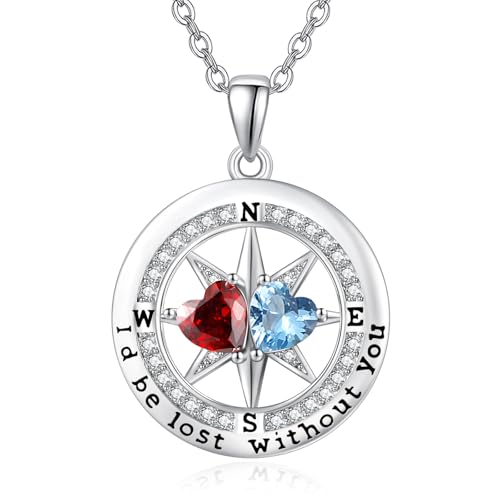 Compass Birthstones Necklace for Women, Exquisite Anniversary Birthday Gifts for Wife Her Double Birthstone Pendant jewelry ‘I'd be Lost Without You’