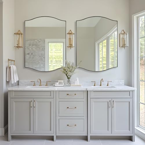 Image of ANDY STAR Rectangle Scalloped Mirror, 30 inchx40 inch Brushed Nickel Bathroom Mirror in SUS304 Stainless Steel Metal Frame, Large Silver Vanity Mirror with Unique Arched Top Design