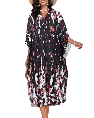 Kaftan Dresses for Women V Neck Caftans Long Batwing Sleeve Beach Cover Ups Summer Floral Print Dress4