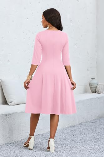Image of CLOCOR Casual Midi Dresses for Women A-Line Fit and Flare Elegant Church 3 /4 Sleeve Crew Neck Dress with Pocket