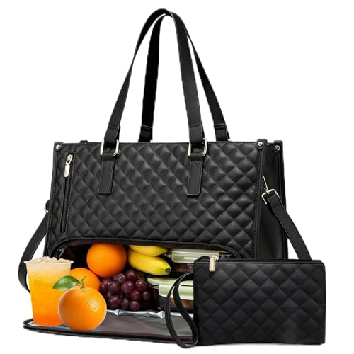 Packuum Tote Bag Lunch Tote Bag for Women 15.6 Inch Laptop Work Bag with Insulated Lunch Box Compartment & Purse (Black)