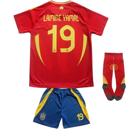 HOMEMI Youth Sportswear Spain Yamal 19 Kids Soccer Jersey/Shorts Football Socks Set (Red,24)