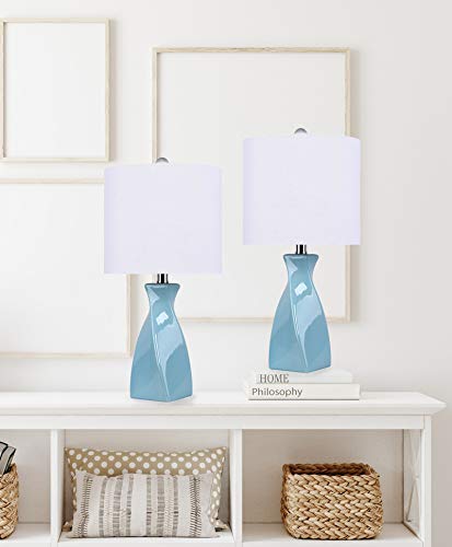 Grandview Gallery 21" Light Blue Crackle Ceramic Accent Lamp W/Twisted Rectangular Body & Off-White Linen Drum Shade (Set Of 2) #TOP1