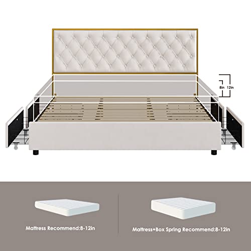 Hifit Queen Bed Frame With 4 Storage Drawers, Upholstered Queen Platform Bed Frame With Button Tufted Headboard, Heavy Duty Mattress Foundation With Wooden Slats, No Box Spring Needed, Golden & Beige #TOP6