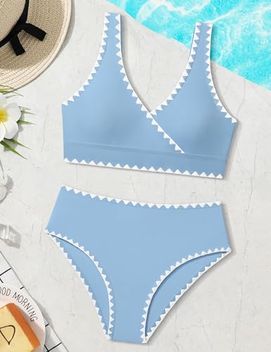 Image of KANGKANG Girls Swimsuit Bikini Set Solid Color V-Neck Two Piece Bathing Suit with Chest Pad Adjustable Straps Swimwear 7-16T