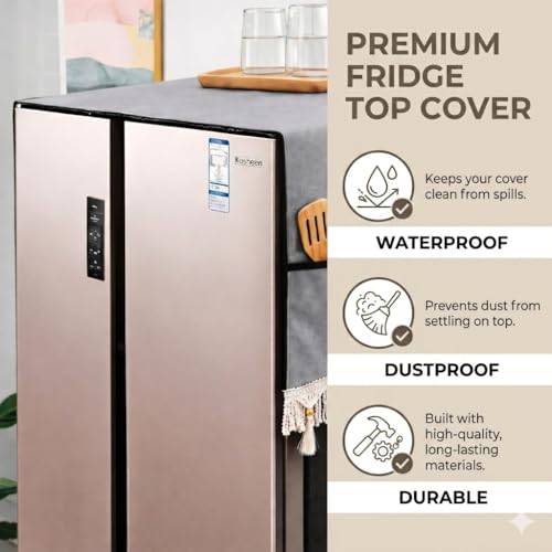 Image of Decorative Fridge Cover Top with Tassel Lace for Double Door Refrigerator - Waterproof, Dustproof & Washable Polyester Fridge Cover with 6 Side Pockets for Kitchen Accessories (Grey)