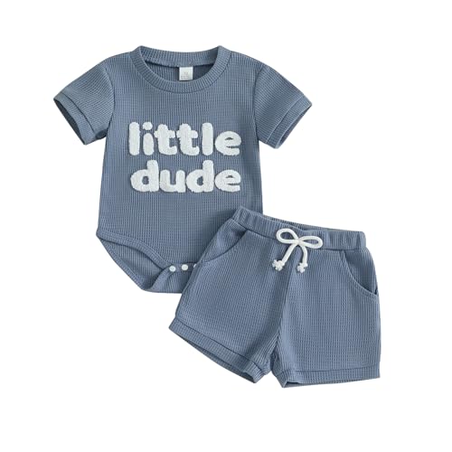 Image of MERSARIPHY Newborn Baby Boy Summer Clothes Mama's Boy Little Dude Short Sleeve Romper Shorts Set Infant Waffle Knit Outfit
