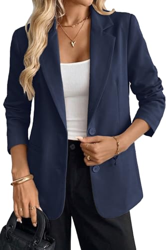 ELLEVEN Business Casual Blazer for Women, Long Sleeve Boyfriend Fit Loose Fit Work Office Suit Jacket Work Lapel Collar Open Front Blazer Suit with Pockets Navy Blue Large