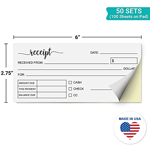 321Done Receipt Book, 2.75X6 Pocket Size 2-Part Carbonless, Made In Usa, Cute Handheld Duplicate Copy Order Form For Craft Boutique Business (50 Sets) White/Yellow #TOP1