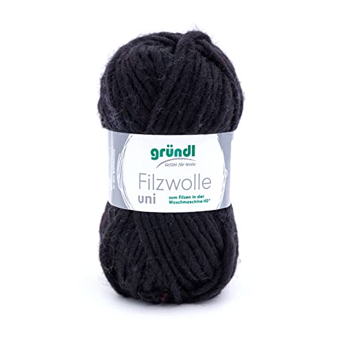 Gründl Filzwolle uni (Wolle zum Filzen, Stricken und Häkeln, Garn aus 100% Schurwolle, 50 g / 50 m, Nadelstärke: 8-9, 1 x 50 g), Schwarz