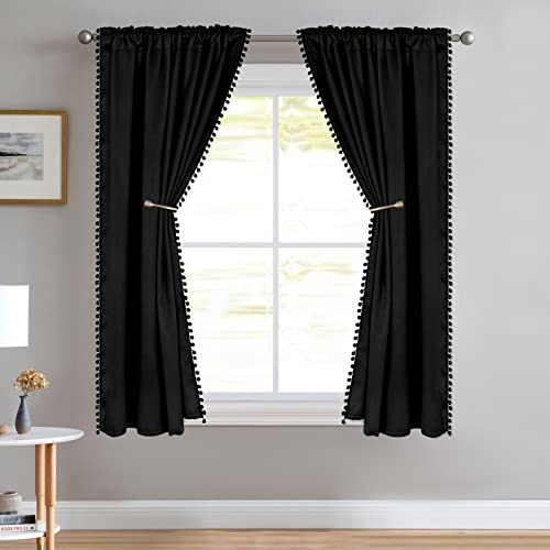 Black Pom Pom Blackout Curtains For Bedroom 63 Inch 2 Panels Thermal Insulated Room Darkening Blackout Curtain Panels Rod/Pole Pocket Window Drapes For Living Room Nursery (52 X 63 Inch, Black) #TOP7