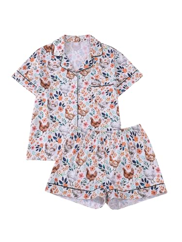 Image of SOLY HUX Women's Short Pajamas Set Cute Printed Button Short Sleeve Shirt with Shorts Sleepwear PJs Set