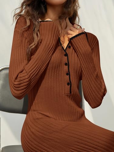Image of MASCOMODA Women Fall Long Sleeve V Neck Sweater Dress Casual Lapel Button Up Slim Fit Ribbed Knit Long Maxi Dresses