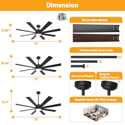 Image of hykolity 72 Inch Modern Flush Mount Large Black Ceiling Fan with Light