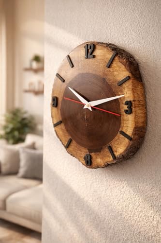 Image of Wall Clock | Handcrafted Sheesham Wooden Wall Clock with Silent Sweep Quartz Movement - Solid Wood Wall Clock for Living Room, Office & Home Decor (Rustic Design) (Black)