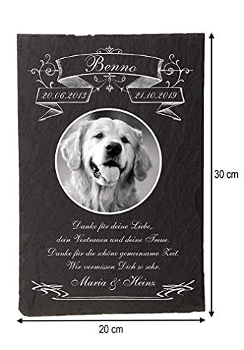 Pokal Center Westerheider Tiergrabstein mit Bild und Text, Gedenktafel mit personalisierter Gravur für Hunde, Katzen, Haustiere Gedenksteine aus Naturschiefer 30 x 20 cm