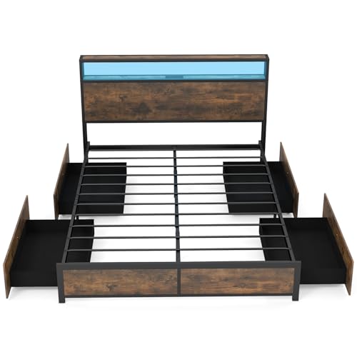 LIFEZEAL Sängbotten 140 x 200 cm, dubbelsäng för vuxna med LED- och Bluetooth-ljus, säng med 4 utdragbara lådor för sovrum, lastkapacitet 500 kg