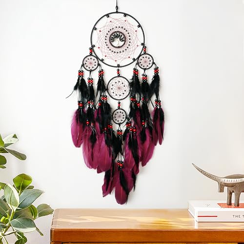 Large Dream Catchers, Boho Handmade Native Macrame Dream Catchers Wall Hanging for Bedroom Living Room Dorm Room Decor, Adults Wedding Party Decor, Festival Blessing Gift (Red & Black) - Image 3