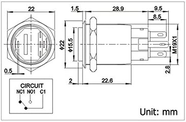 Miniatura 7 de Interruptor de botón con pestillo, URTONE UR193, 1NO1NC SPDT ONOFF 5A 250VAC 30VDC carcasa de metal de aleación de aluminio adecuada para orificio