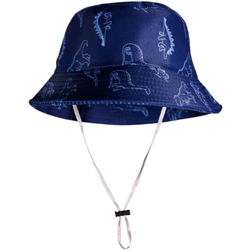 Chapéu Bucket Infantil Kids Unissex Proteção UV Sol Calor Verão Praia Saida Férias Modelo Cata Ovo Aba Larga Ajuste e Cordão Estampado Dinossauros (BR, Idade, 3 Anos, 9 Anos, Azul-Marinho)