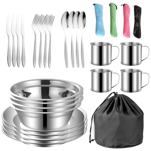 Posate da Viaggio per 4 Persone,29 pezzi Posate da Campeggio Acciaio Inox con Piatti Ciotole Tazze Borsa in Rete,Riutilizzabili e Portatile,per Picnici Barbecue Viaggio Campo Estivo