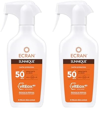 Ecran Sunnique - Leche Protectora Solar SPF 50 en Spray, Protección Media UVA, UVB y IR-A, Refuerza las Defensas, Resistente al Agua, para la Piel de Toda la Familia - 270 ml (Paquete de 2)