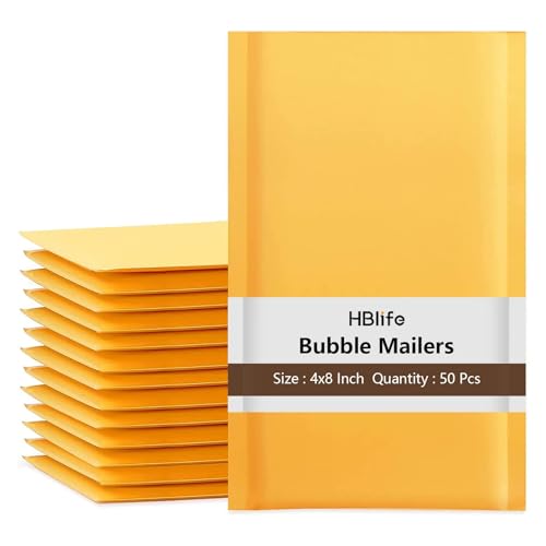 HBlife 50Pcs Bubble Mailers, 4x8 Inches Self Seal Kraft Poly Mailers, Padded Envelopes Shipping Bags Packaging for Small Business