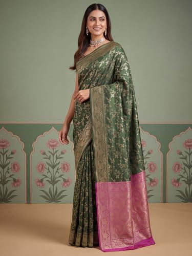 Image of AKHILAM Women's Multicolor Litchi Silk Ethnic Motif Print Saree With Unstitched Blouse Piece|sarees for women | litchi silk sarees