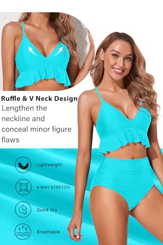 Image of Women Ruffle Bikini Set High Waisted Tummy Control Two Piece Swimsuits | Ruffle,High Waisted,Tummy Control,Removable Bra Pads,Adjustable Shoulder Straps,Full Coverage