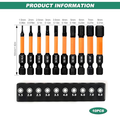 Hex Allen Key Drill Bit Set, 10 Pcs Impact Screwdriver Driver Bits S2 Steel 50mm Length Magnetic Allen Wrench H1.5-H8 - Image 2