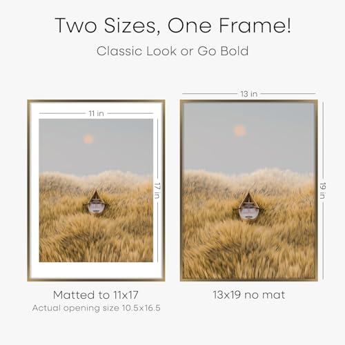Image of Homeforia 13x19 Picture Frame Bronze, High End Metal 13x19 Brass Poster Frames with Mat 11x17 for Photo, 13 x 19 Frame Matted to 11 by 17 Print, 19x13 Hanging Frame, Tempered Glass, Wall Kit, Set of 1