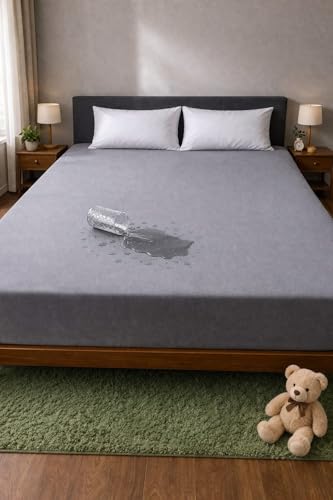 Image of Bharat GRIHA Waterproof Fitted Bedsheet, King Size, 72x78 Inch, Light Grey, Terry Cotton, 200 GSM, Deep Pocket
