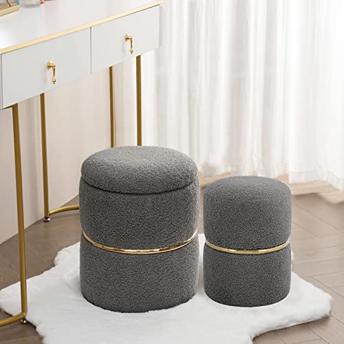 Furniliving Faux Fur Round Storage Ottoman, Set Of 2, Upholstered Ottoman Wool Curl Footrest Stool Side Table Seat Make Up Stool With Gold Stainless Steel Hoop For Living Room, Bedroom (Grey) #TOP25