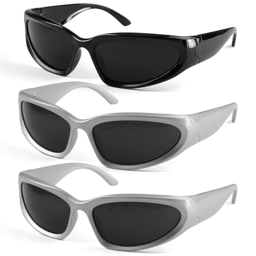 3 Piezas Gafas de Sol Deportivas Mujer Hombre, Gafas de Sol Futuristas, Y2K Sunglasses, gafas Brasileñas, Vintage Wrap Around Sunglasses, Protección UV400 para Festivales de Música,Ciclismo,Senderismo