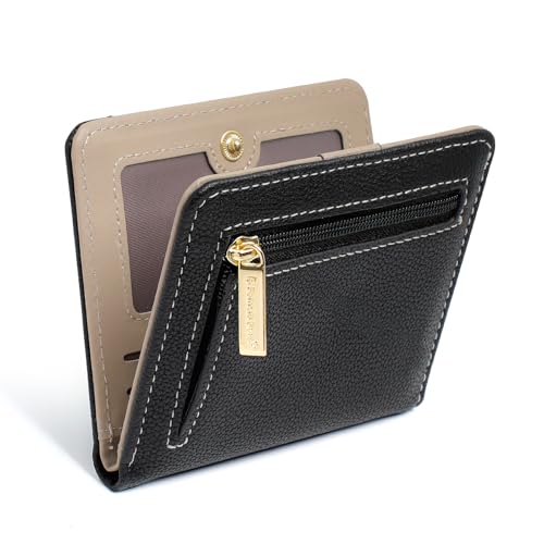 Small Wallet Women RFID Blocking Bifold Leather Wallets for Women Credit Card Holder with ID Window Zipper Coin Pocket Black